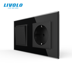 Механический проходной выключатель Livolo 2 клавиши + 1 розетка, 2 поста, Черный