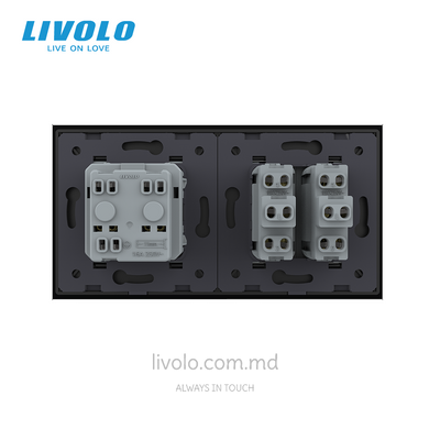 Механический проходной выключатель Livolo 2 клавиши + 1 розетка, 2 поста, Черный