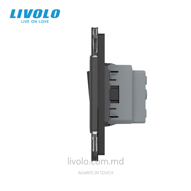 Механический проходной выключатель Livolo 2 клавиши + 1 розетка, 2 поста, Черный