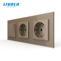 Механический проходной выключатель Livolo 1 клавиша + 2 розетки, 3 поста, Золотой