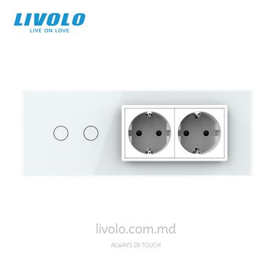 Сенсорный выключатель Livolo, 2 клавиши + 2 розетки, для квадратного подрозетника 7M, Белый