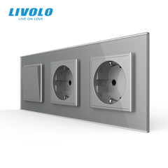 Механический проходной выключатель Livolo 1 клавиша + 2 розетки, 3 поста, Серый