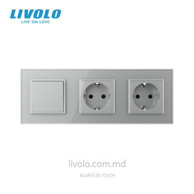 Механический проходной выключатель Livolo 1 клавиша + 2 розетки, 3 поста, Серый