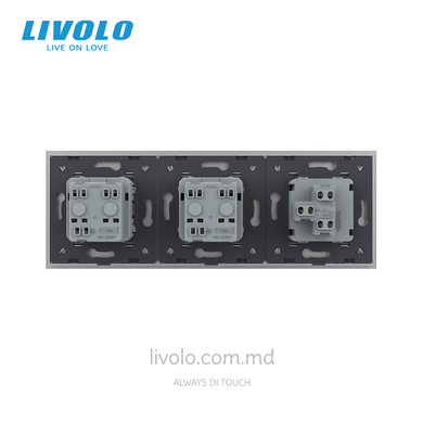 Механический проходной выключатель Livolo 1 клавиша + 2 розетки, 3 поста, Серый