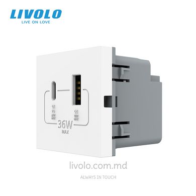 Модуль розетки USB-A + USB-C 36W Livolo, Белый, Белый