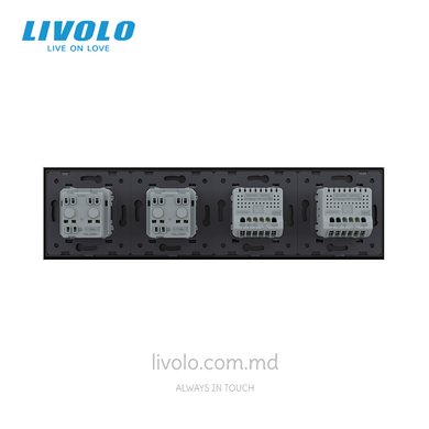 Сенсорный выключатель Livolo 1+2 клавиши +2 розетки, 4 поста, Черный