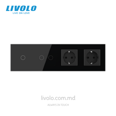 Сенсорный выключатель Livolo 1+2 клавиши +2 розетки, 4 поста, Черный