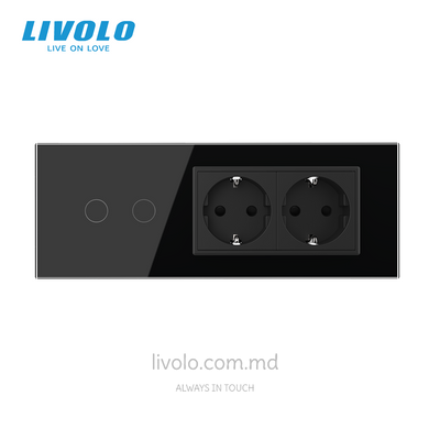 Сенсорный выключатель Livolo, 2 клавиши + 2 розетки, для квадратного подрозетника 7M, Чёрный