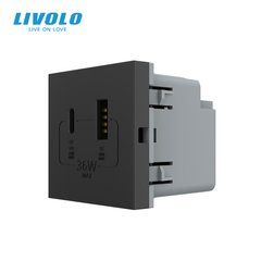Модуль розетки USB-A + USB-C 36W Livolo, Черный, Черный
