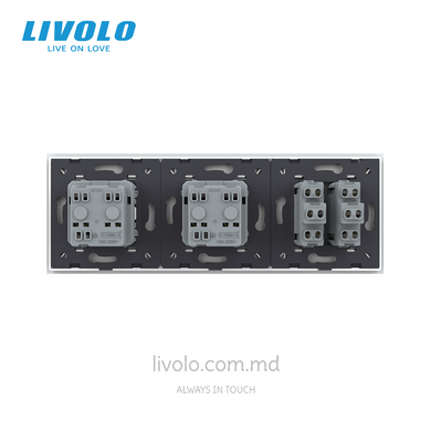 Механический проходной выключатель Livolo 2 клавиши + 2 розетки, 3 поста, Белый