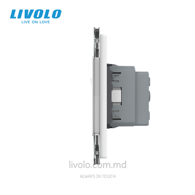 Механический проходной выключатель Livolo 2 клавиши + 2 розетки, 3 поста, Белый