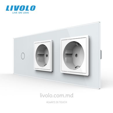 Сенсорный выключатель Livolo комбинированный на 1 линию 2 розетки 3 модуля Белый