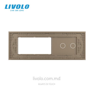 Стеклянная панель Livolo для квадратного подрозетника, 2 клавиши + модульная рамка 90&times;45 мм, 7 модулей, Золотая