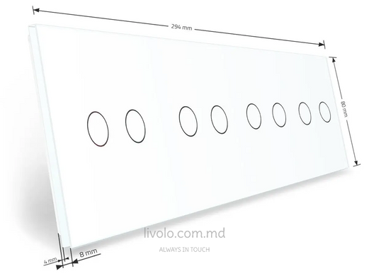 Панель для четырех сенсорных выключателей Livolo, 8 клавиш (2+2+2+2), стекло, цвет Белый