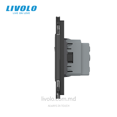 Механический проходной выключатель Livolo 2 клавиши + 2 розетки, 3 поста, Черный