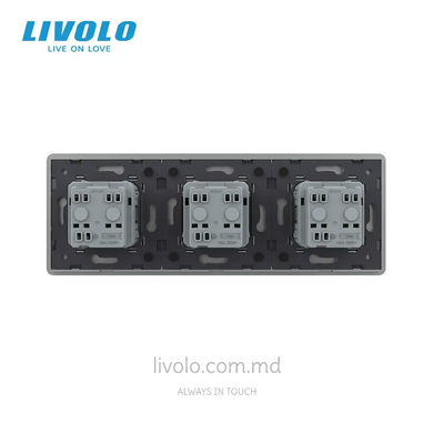 Priză Livolo tip Schuko triplă, 3 posturi, Gri 2.5D