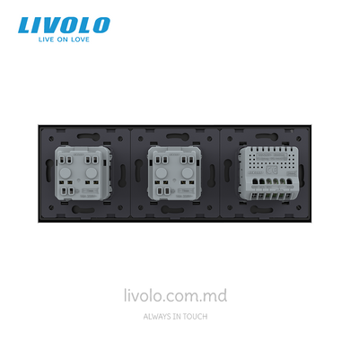 Сенсорный выключатель Livolo 1 клавиша + 2 розетки, 3 поста, Черный