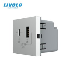Модуль розетки USB-A + USB-C 36W Livolo, Серый, Cерый
