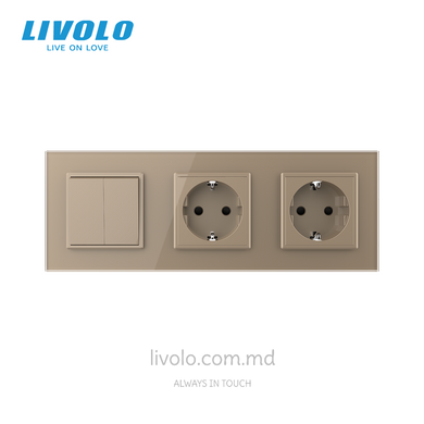 Механический проходной выключатель Livolo 2 клавиши + 2 розетки, 3 поста, Золотой