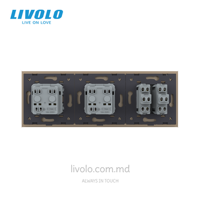 Механический проходной выключатель Livolo 2 клавиши + 2 розетки, 3 поста, Золотой