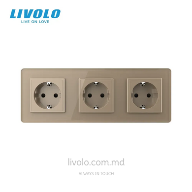 Priză Livolo tip Schuko triplă, 3 posturi, Auriu 2.5D