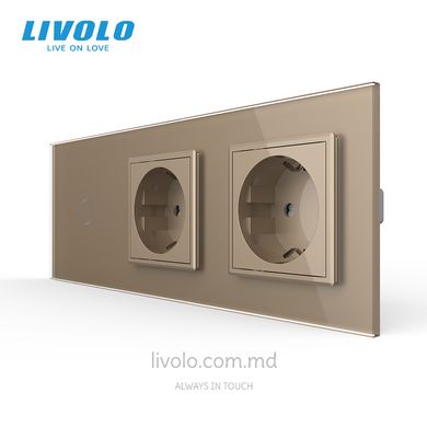 Сенсорный выключатель Livolo комбинированный на 1 линию 2 розетки 3 модуля Золотой