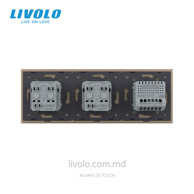 Сенсорный выключатель Livolo 1 клавиша + 2 розетки, 3 поста, Золотой