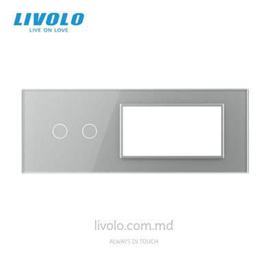 Panou din sticlă Livolo pentru doză pătrată, 2 clape + cadru modular 90&times;45 mm, 7 module, Gri