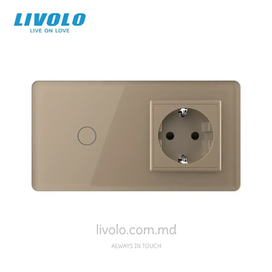&Icirc;ntrerupător tactil Livolo 1 clapă + 1 priză, 2 posturi, Auriu 2.5D