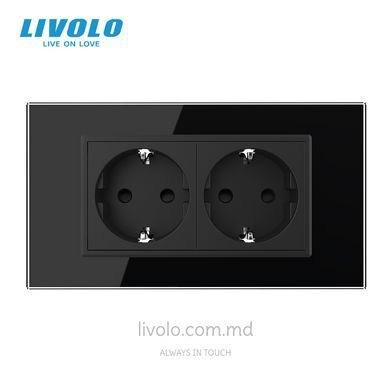 Двойная розетка Livolo Schuko для квадратного подрозетника 4M, Черная