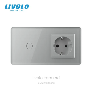 &Icirc;ntrerupător tactil Livolo 1 clapă + 1 priză, 2 posturi, Gri 2.5D