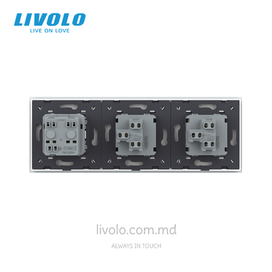 Механический проходной выключатель Livolo 1+1 клавиша+1 розетка, 3 поста, Белый