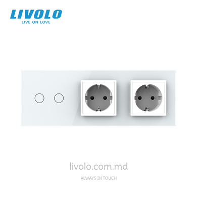 &Icirc;ntrerupător tactil Livolo 2 clape + 2 prize, 3 posturi, Alb