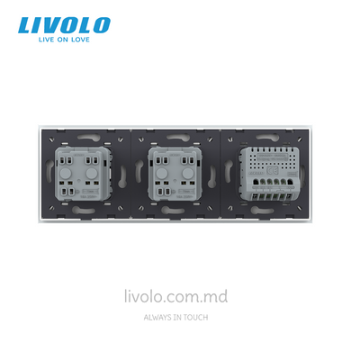 &Icirc;ntrerupător tactil Livolo 2 clape + 2 prize, 3 posturi, Alb