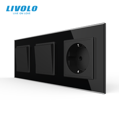 Механический проходной выключатель Livolo 1+1 клавиша+1 розетка, 3 поста, Черный
