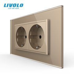 Двойная розетка Livolo Schuko для квадратного подрозетника 4M, Золотая