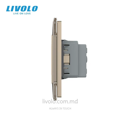 &Icirc;ntrerupător tactil Livolo 2 clape + 1 priză, 2 posturi, Auriu 2.5D