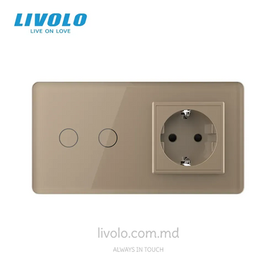 &Icirc;ntrerupător tactil Livolo 2 clape + 1 priză, 2 posturi, Auriu 2.5D