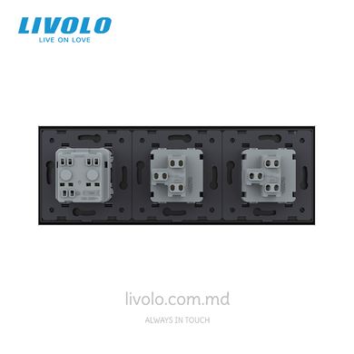 Механический проходной выключатель Livolo 1+1 клавиша+1 розетка, 3 поста, Черный