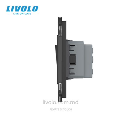Механический проходной выключатель Livolo 1+1 клавиша+1 розетка, 3 поста, Черный