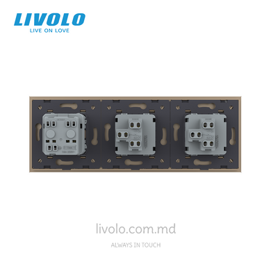 Механический проходной выключатель Livolo 1+1 клавиша+1 розетка, 3 поста, Золотой