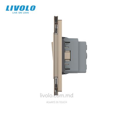 Механический проходной выключатель Livolo 1+1 клавиша+1 розетка, 3 поста, Золотой