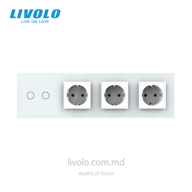 Сенсорный выключатель Livolo 2 клавиши + 3 розетки, 4 поста, Белый