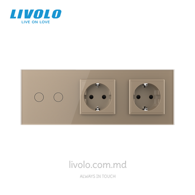 &Icirc;ntrerupător tactil Livolo 2 clape + 2 prize, 3 posturi, Auriu