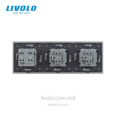 Механический проходной выключатель Livolo 1+1 клавиша+1 розетка, 3 поста, Серый