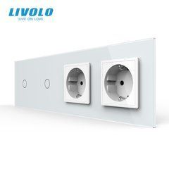 &Icirc;ntrerupător tactil Livolo 1+1 clapă + 2 prize, 4 posturi, Alb