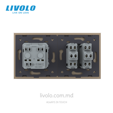 Механический проходной выключатель Livolo 2 клавиши + 1 розетка, 2 поста, Золотой
