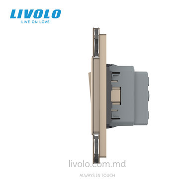 Механический проходной выключатель Livolo 2 клавиши + 1 розетка, 2 поста, Золотой