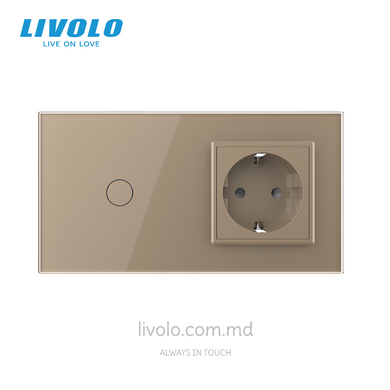 Сенсорный выключатель Livolo 1 клавиша + 1 розетка, 2 поста, Золотой