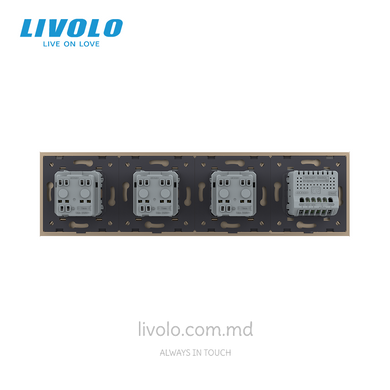 &Icirc;ntrerupător tactil Livolo 2 clape + 3 prize, 4 posturi, Auriu